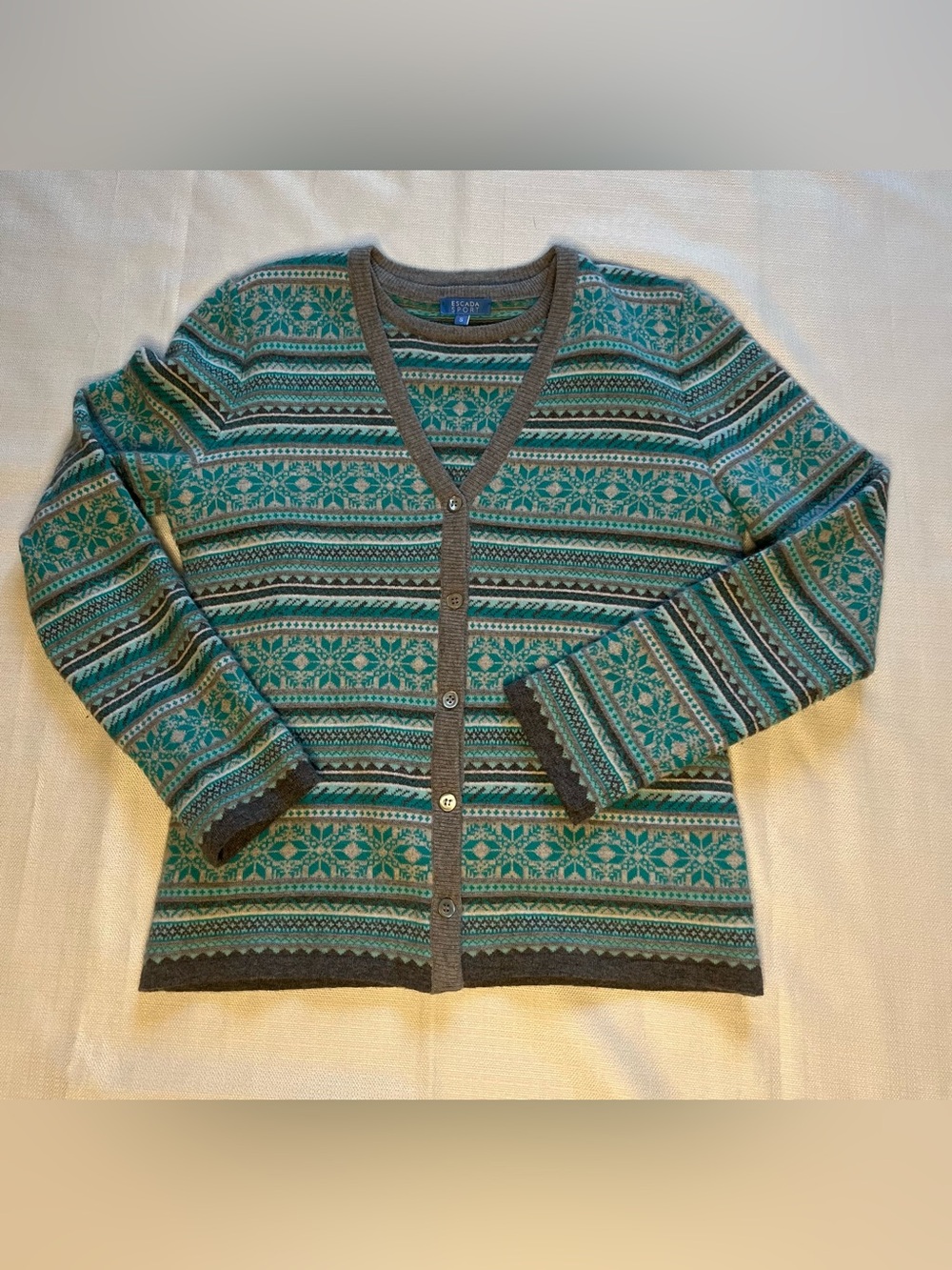 Escada Twinset Fair Isle Nordic Snowflake Cardigan Sweater Set Teal Gray Après